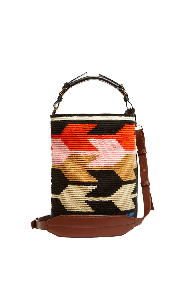 Woven Arrow Midi Cylinder Bag - Orange, Pink & Brown