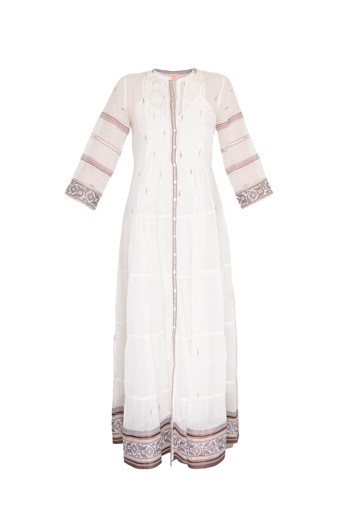 Longfrill Cotton Dress - Cream & Brown