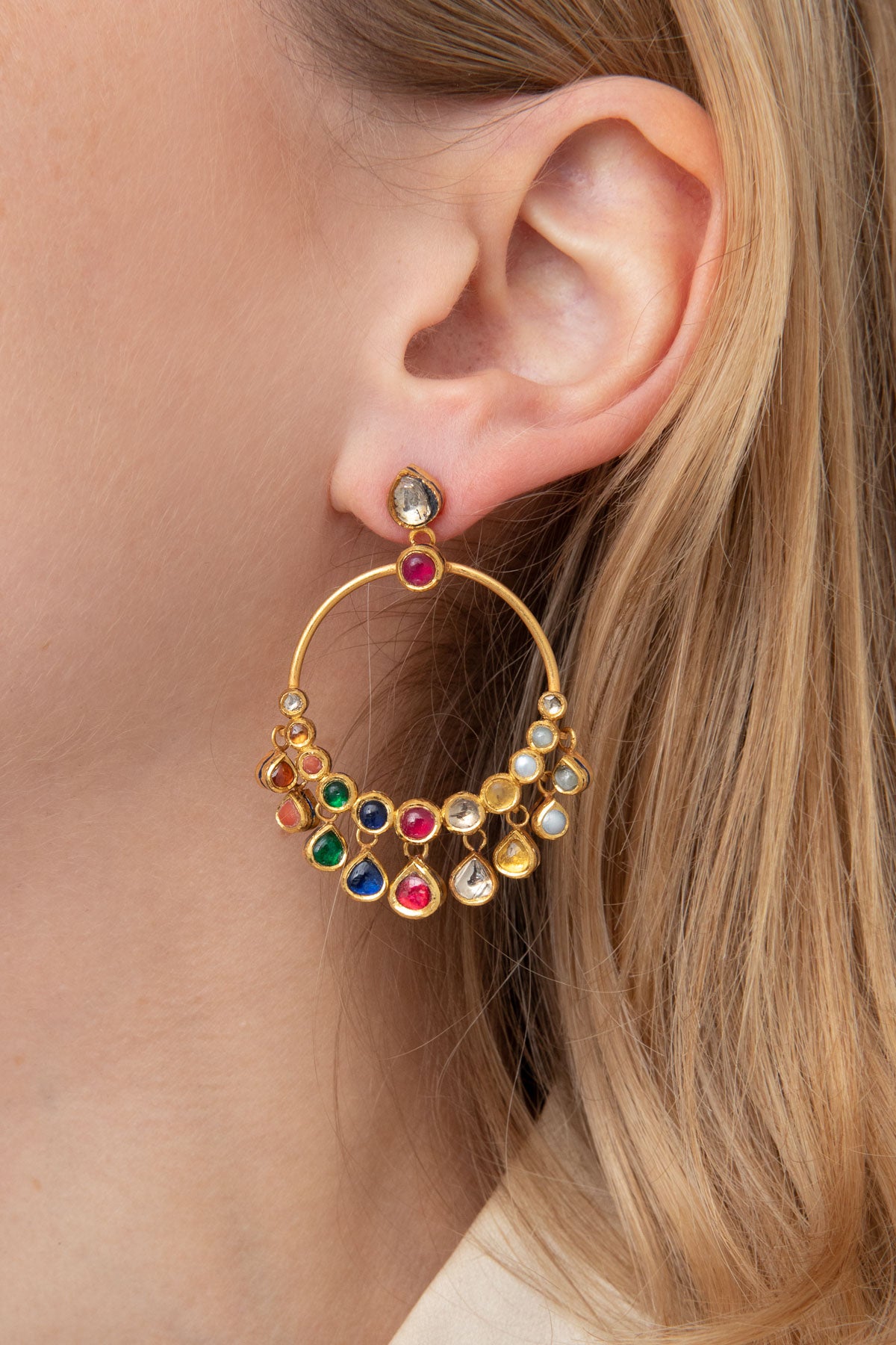 Gold Hoops with Mixed Gems
