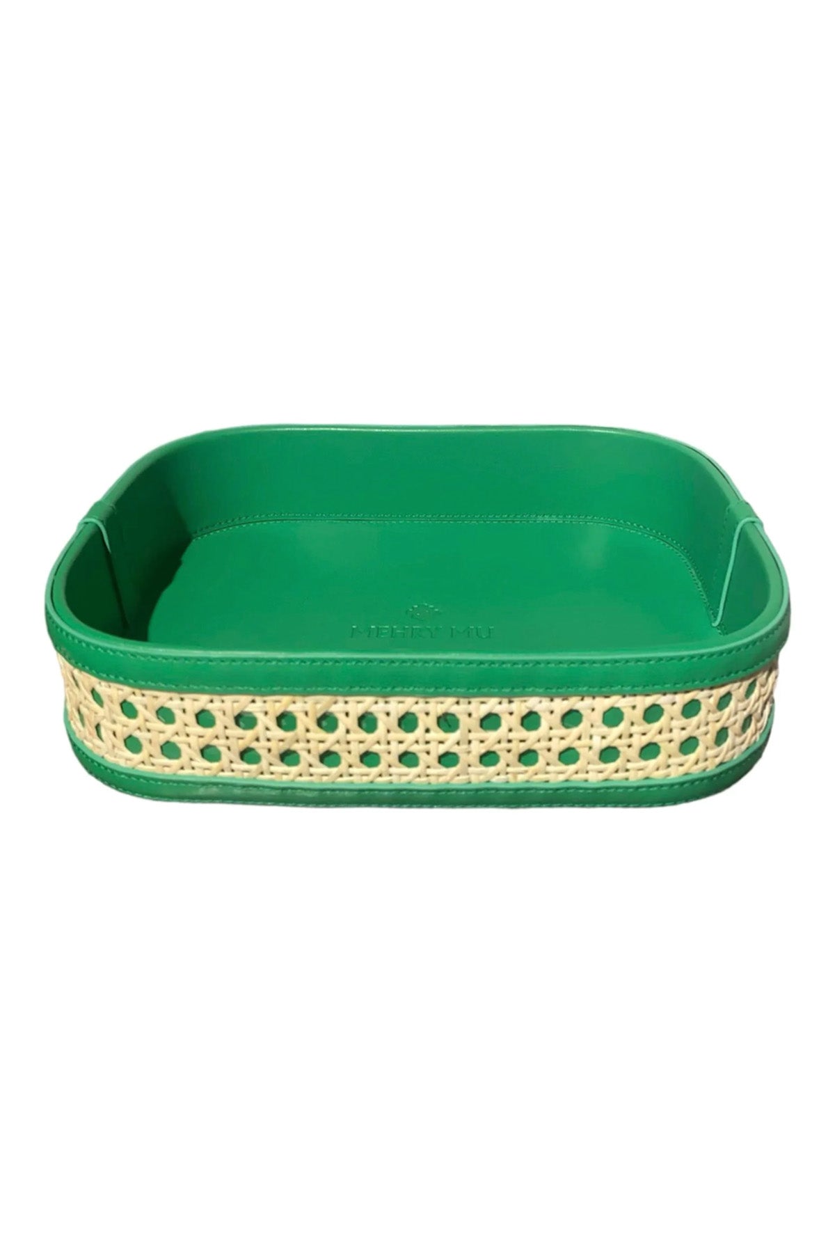 Midi Leather Rattan Tray - Green