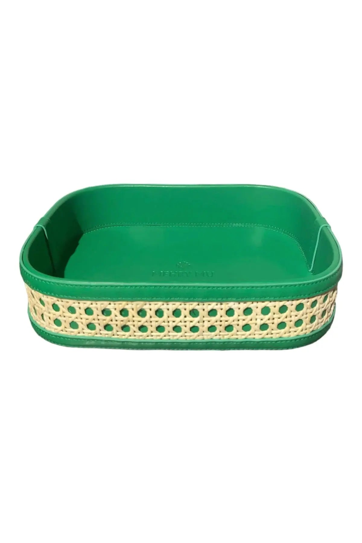 Midi Leather Rattan Tray - Green Mehry Mu