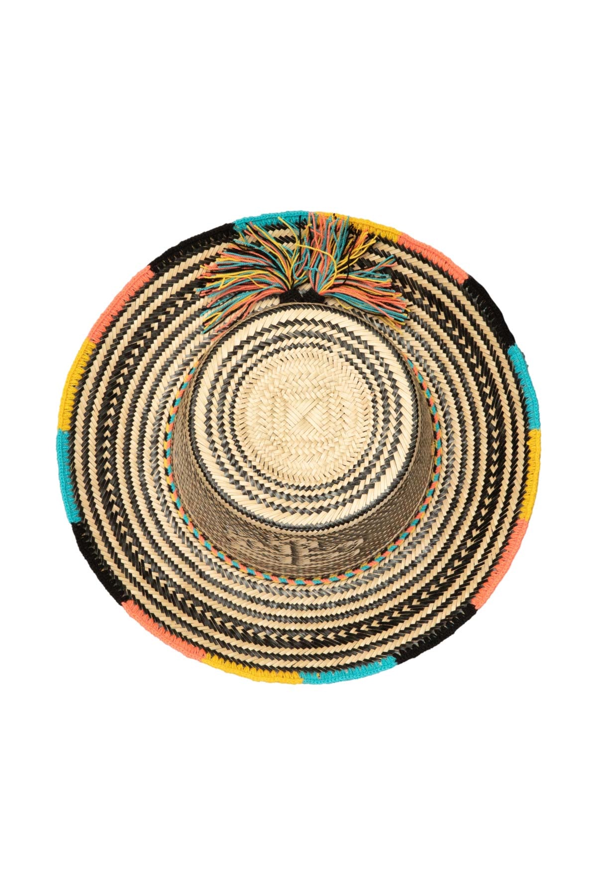 Cross Straw Hat - Multicolour Woven Rim & Tassel