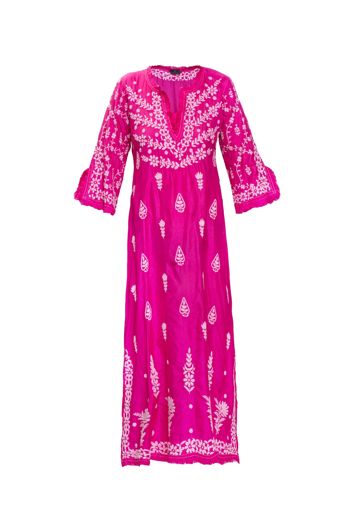 Embroidered Silk Dress with Frills - Fuchsia
