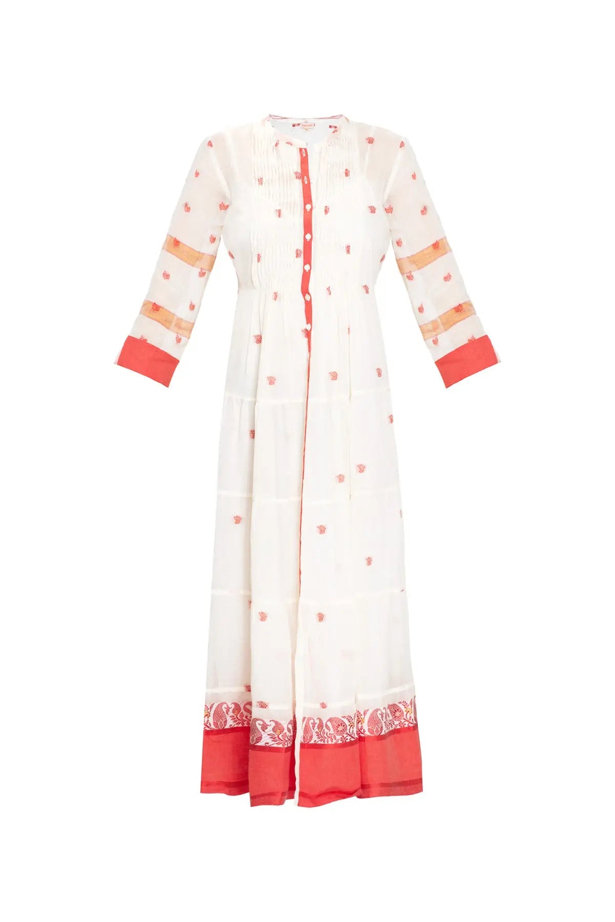 Longfrill Cotton Dress - Cream & Red Kalyan