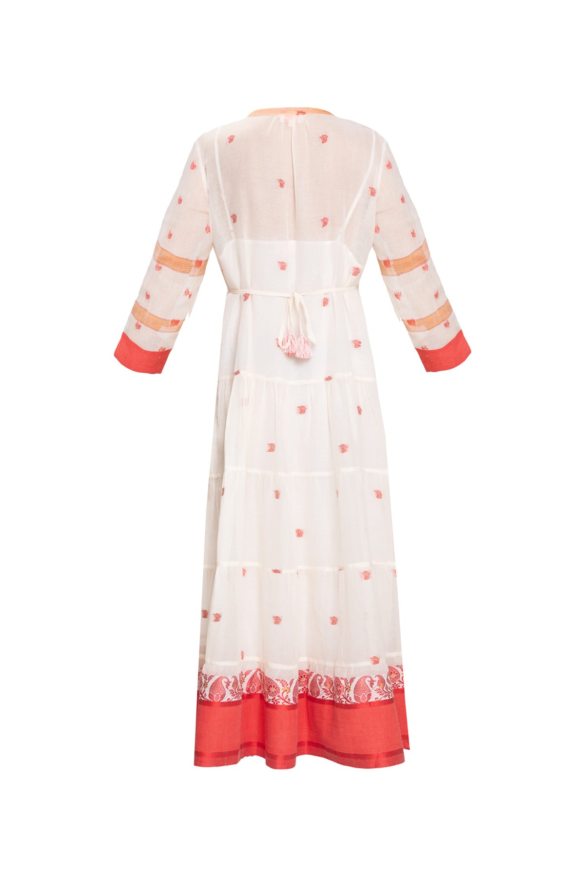 Longfrill Cotton Dress - Cream & Red