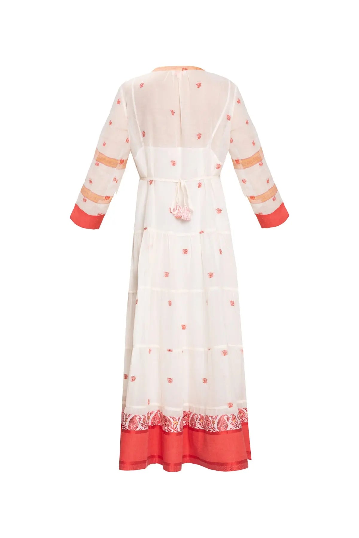 Longfrill Cotton Dress - Cream & Red Kalyan