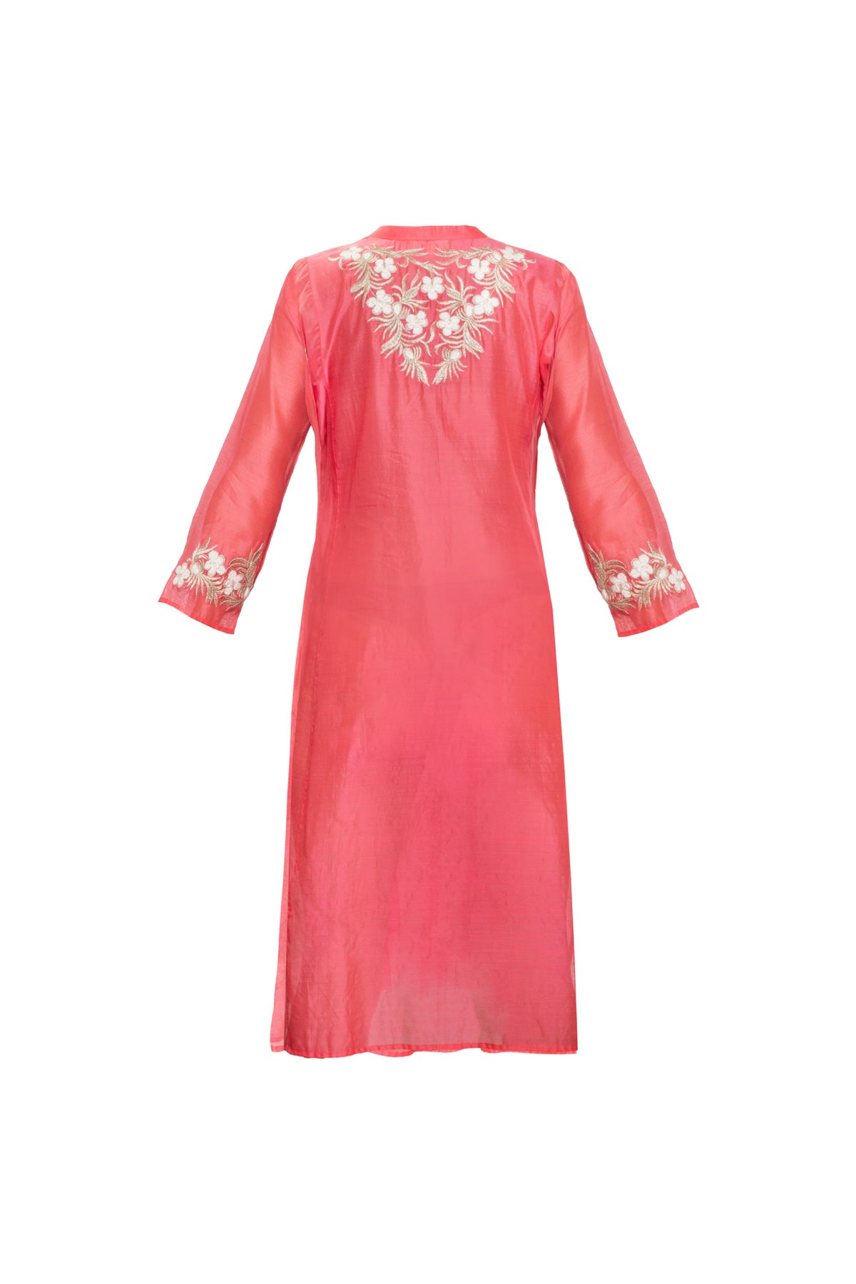 Silk Weave Embroidered Kurta - Coral