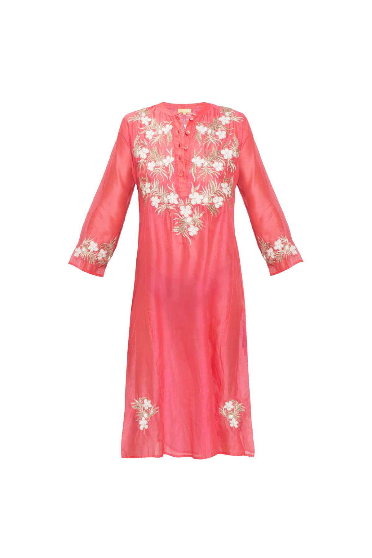 Silk Weave Embroidered Kurta - Coral