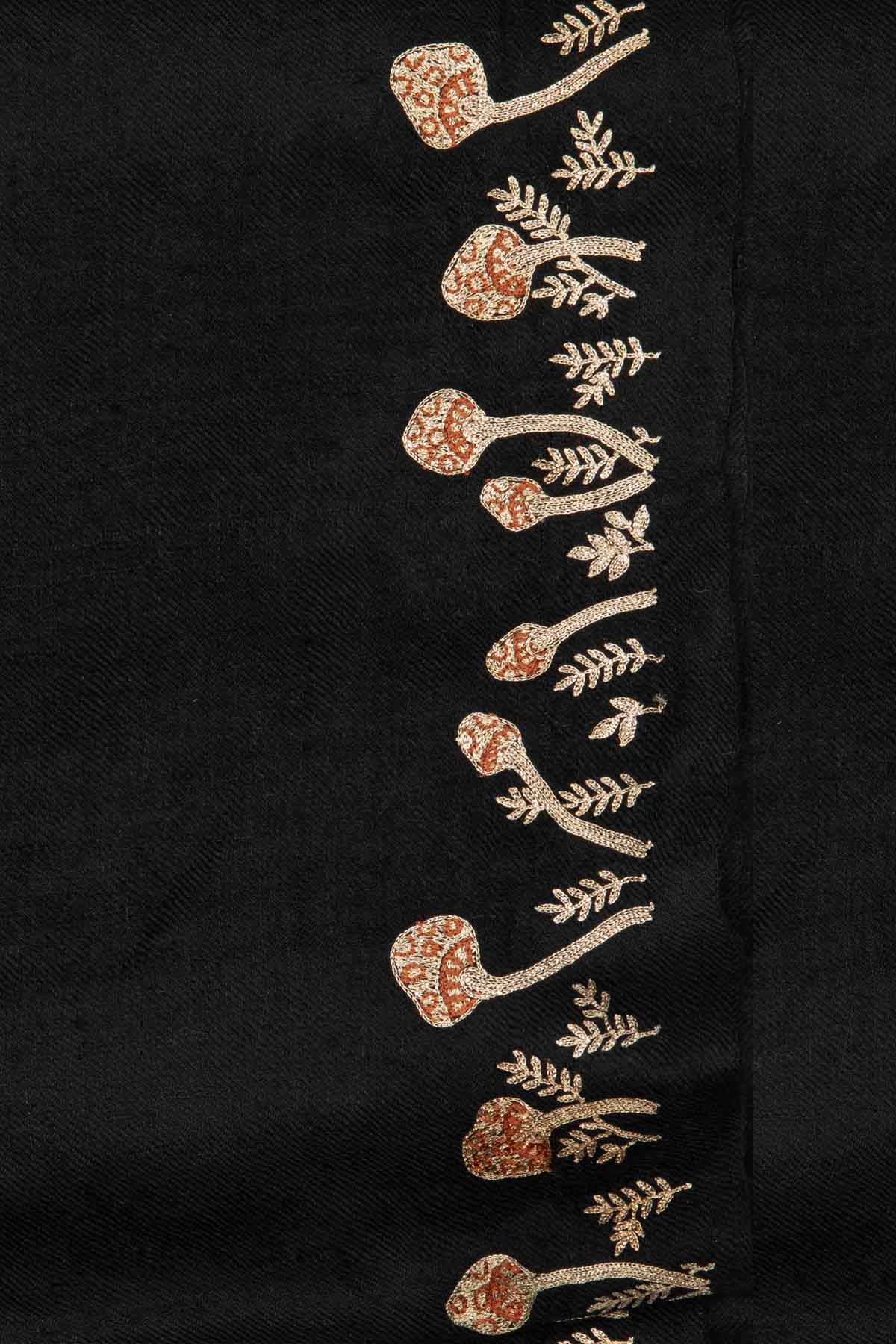 Mini Mushroom Embroidered Pashmina Shawl - Black & Gold