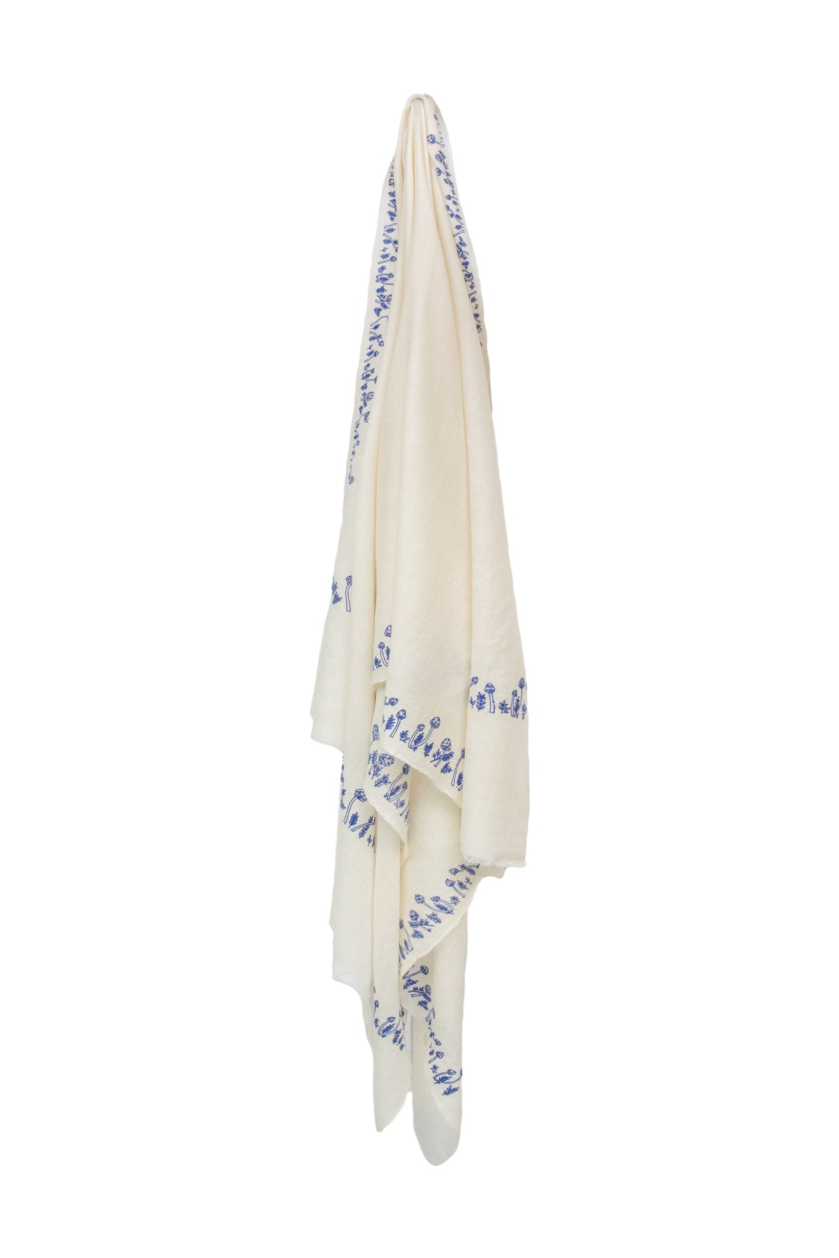 Mini Mushroom Embroidered Pashmina Shawl - White & Blue