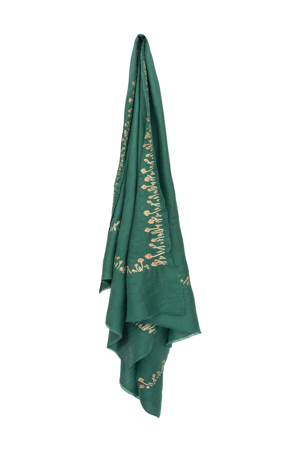 Mini Mushroom Embroidered Pashmina Shawl - Green & Gold