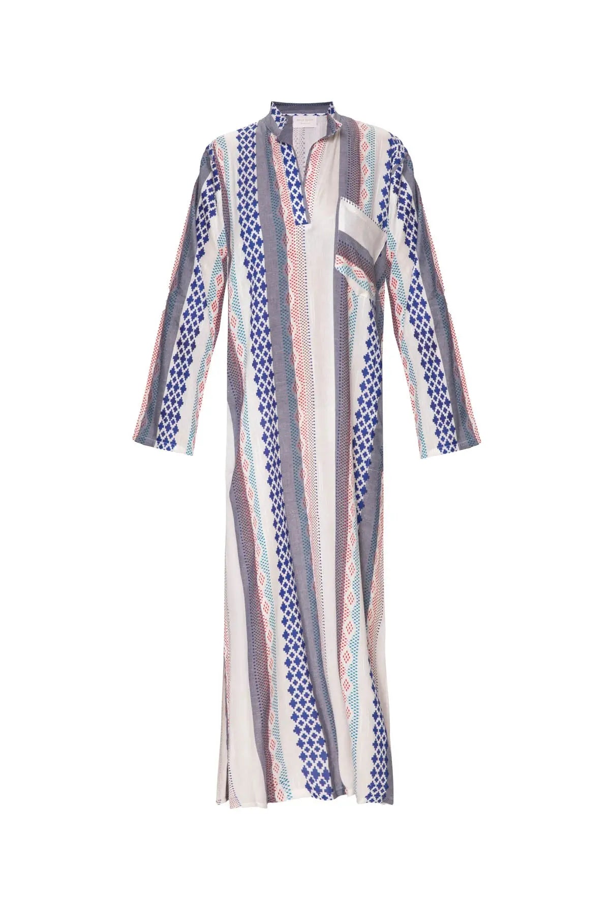 Women's Moroccan Abaya Kaftan - Madras White, Blue & Red Norya Ayron