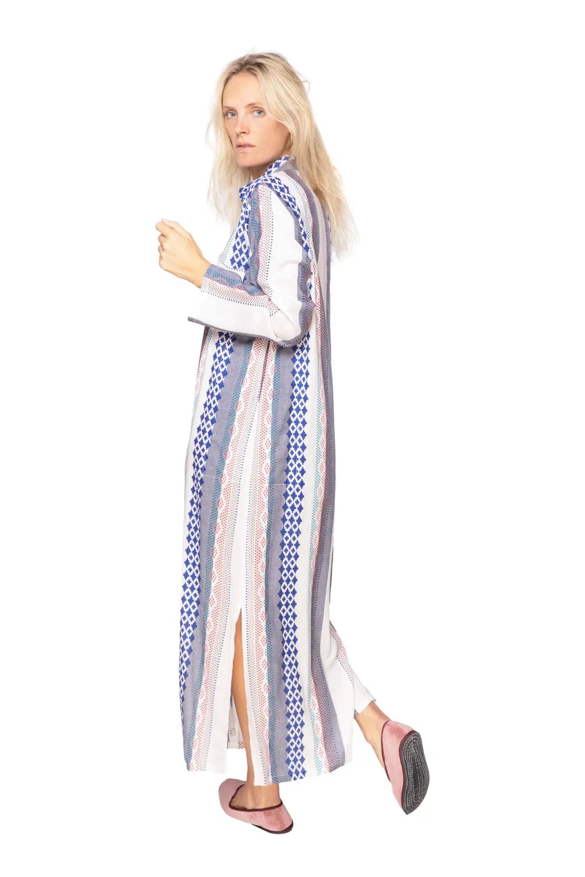 Women's Moroccan Abaya Kaftan - Madras White, Blue & Red Norya Ayron
