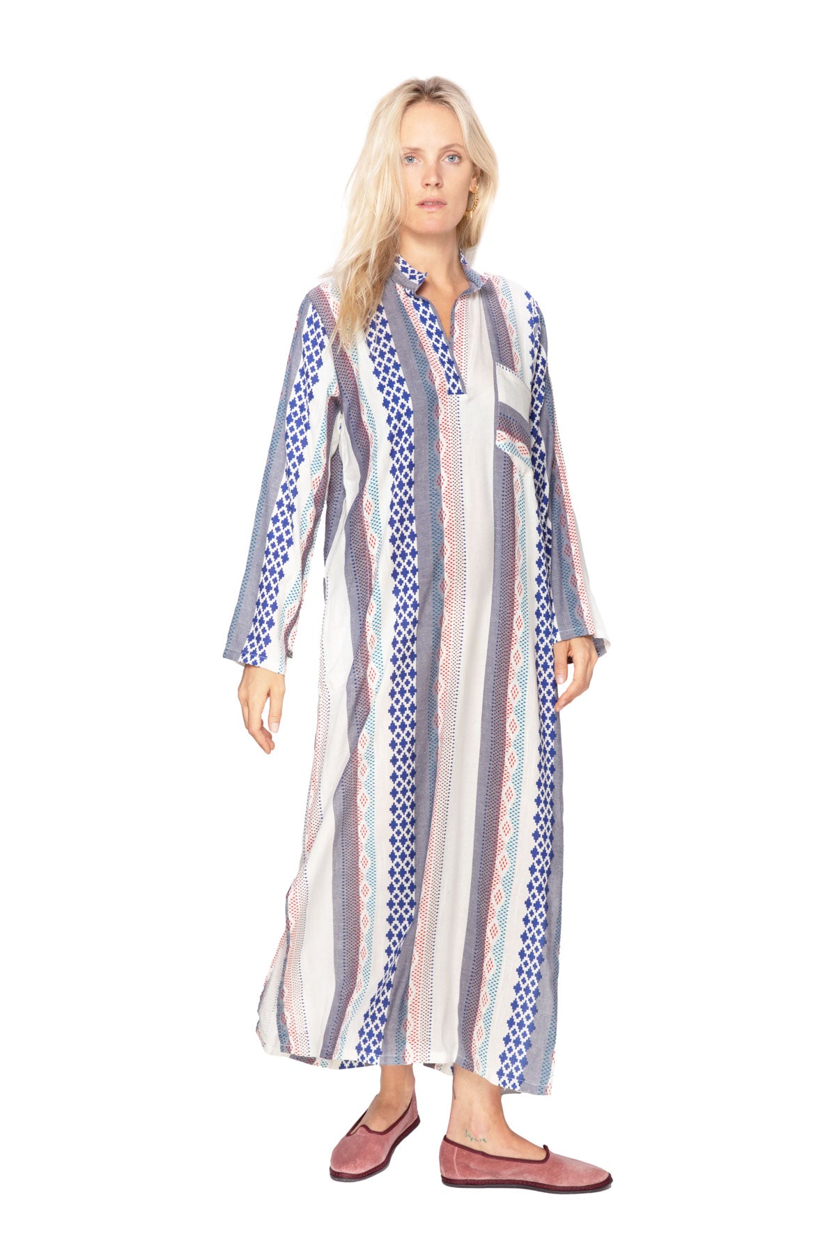 Women's Moroccan Abaya Kaftan - Madras White, Blue & Red
