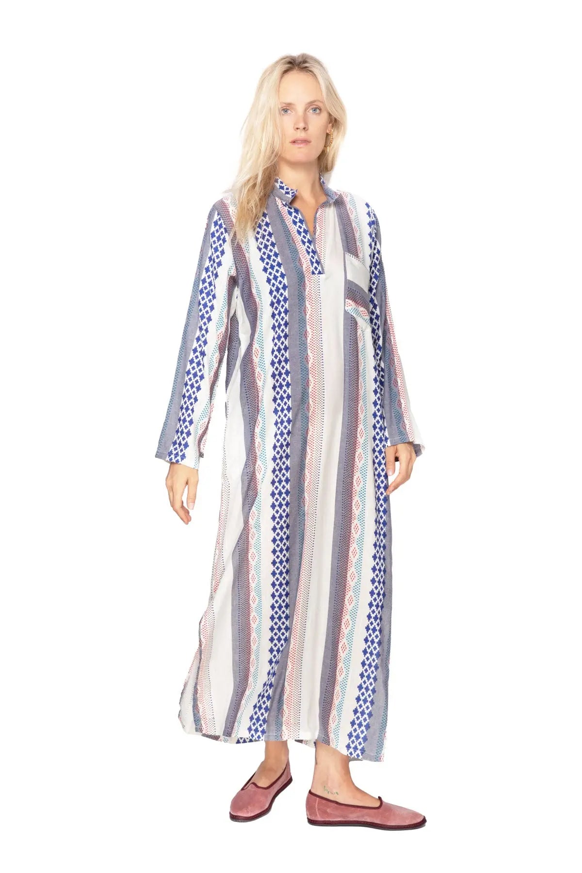 Women's Moroccan Abaya Kaftan - Madras White, Blue & Red Norya Ayron