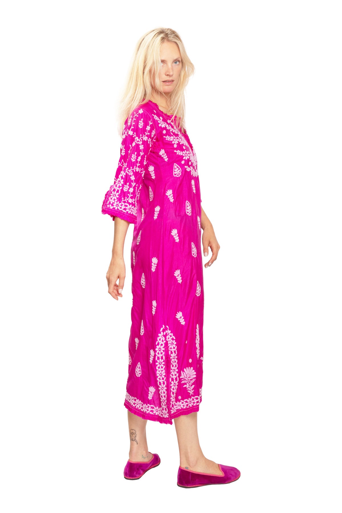 Embroidered Silk Dress with Frills - Fuchsia