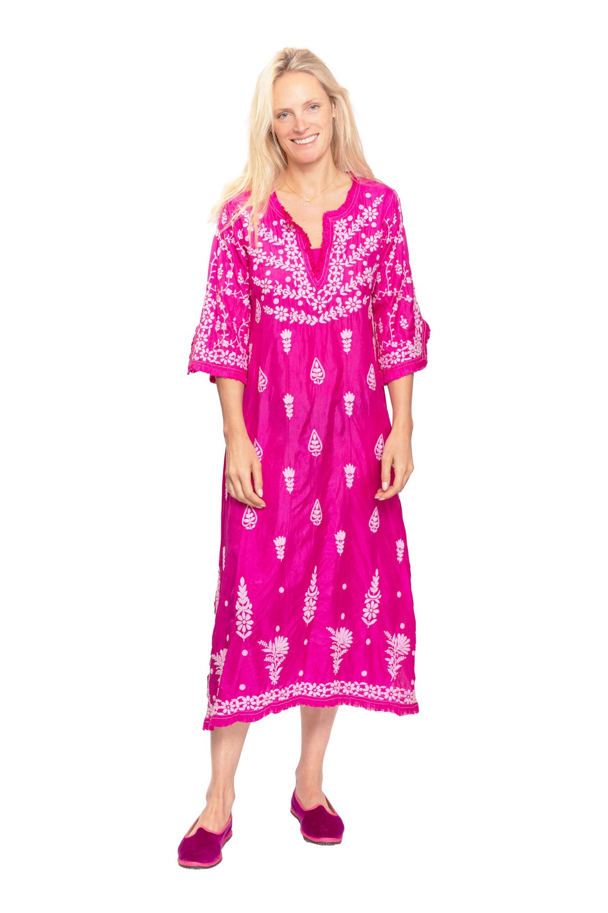 Embroidered Silk Dress with Frills - Fuchsia