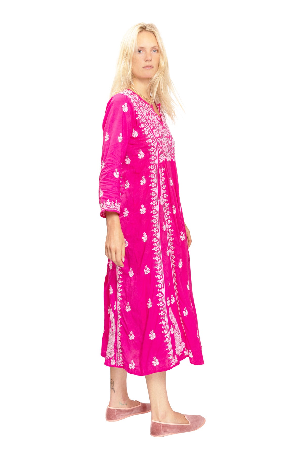 Cotton Embroidered Dress - Bright Pink