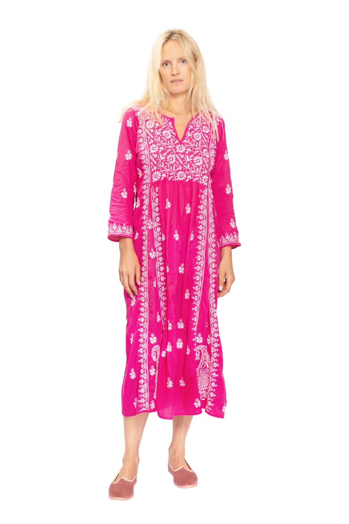 Cotton Embroidered Dress - Bright Pink