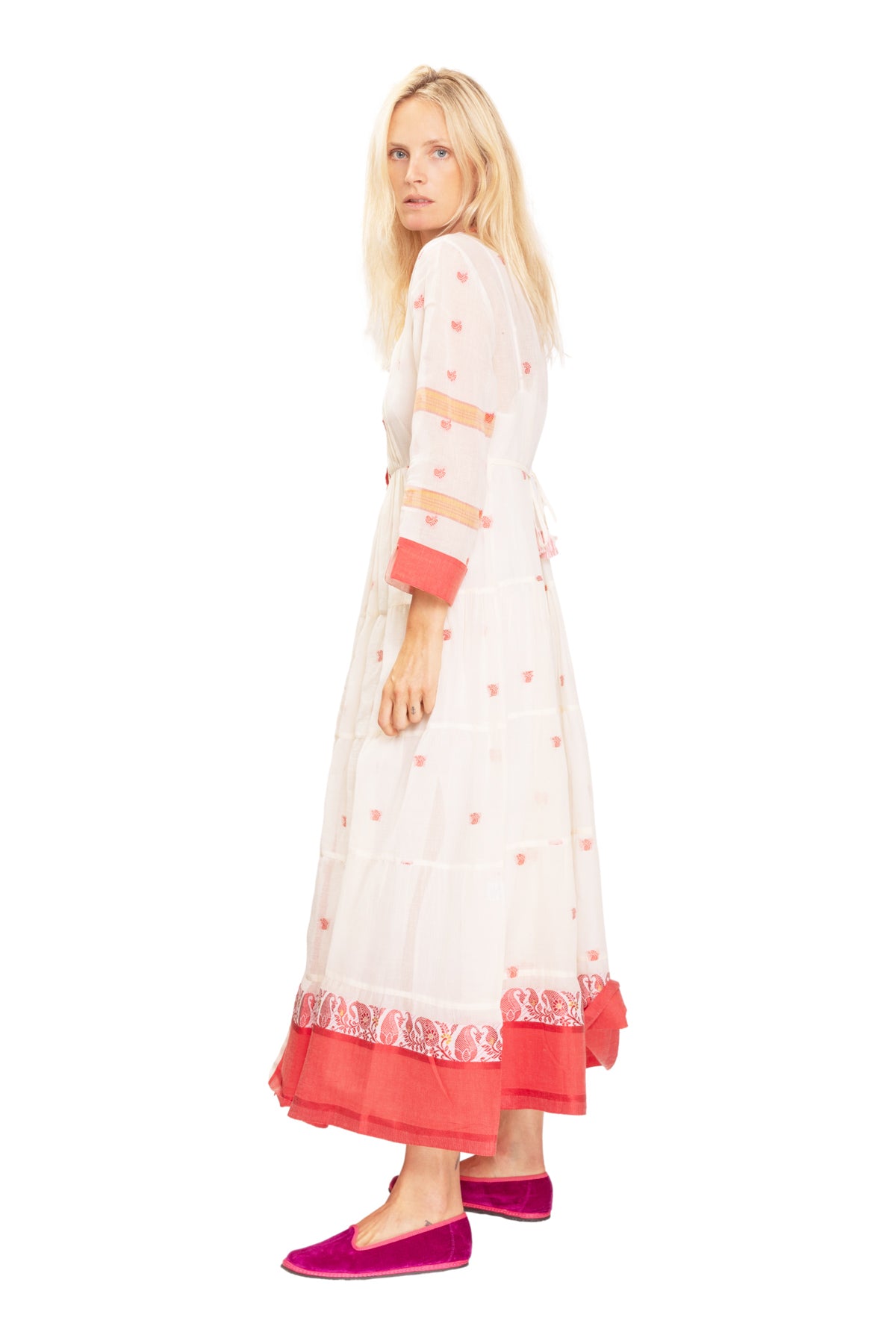 Longfrill Cotton Dress - Cream & Red