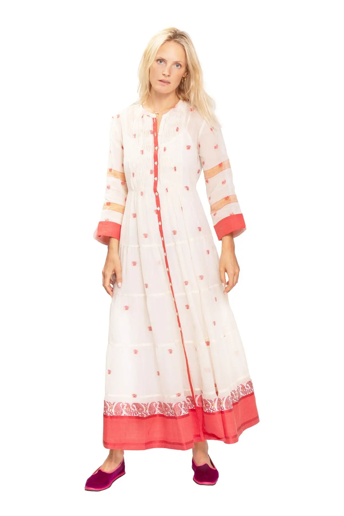Longfrill Cotton Dress - Cream & Red Kalyan