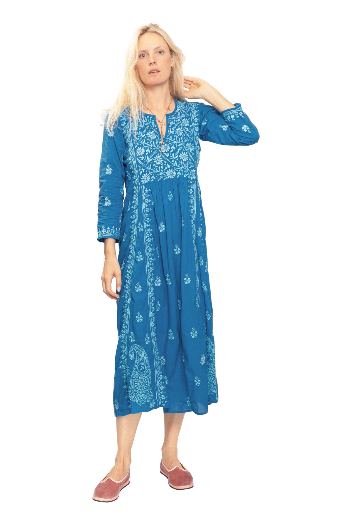 Cotton Embroidered Dress - Ocean Blue