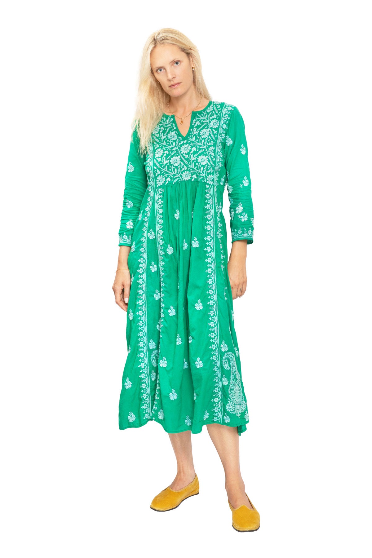 Cotton Embroidered Dress - Emerald Green