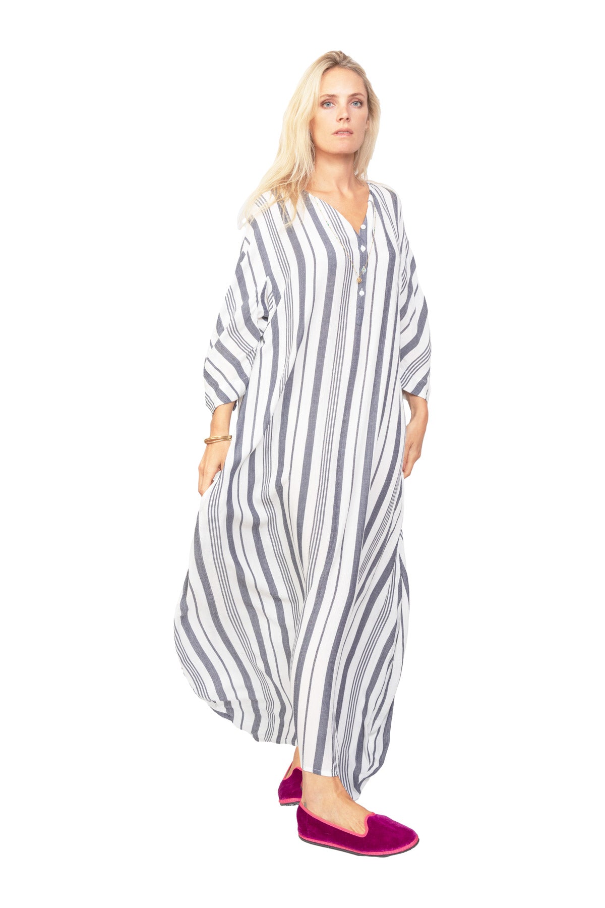Lita Cotton Striped Kaftan - Multi Black Stripe
