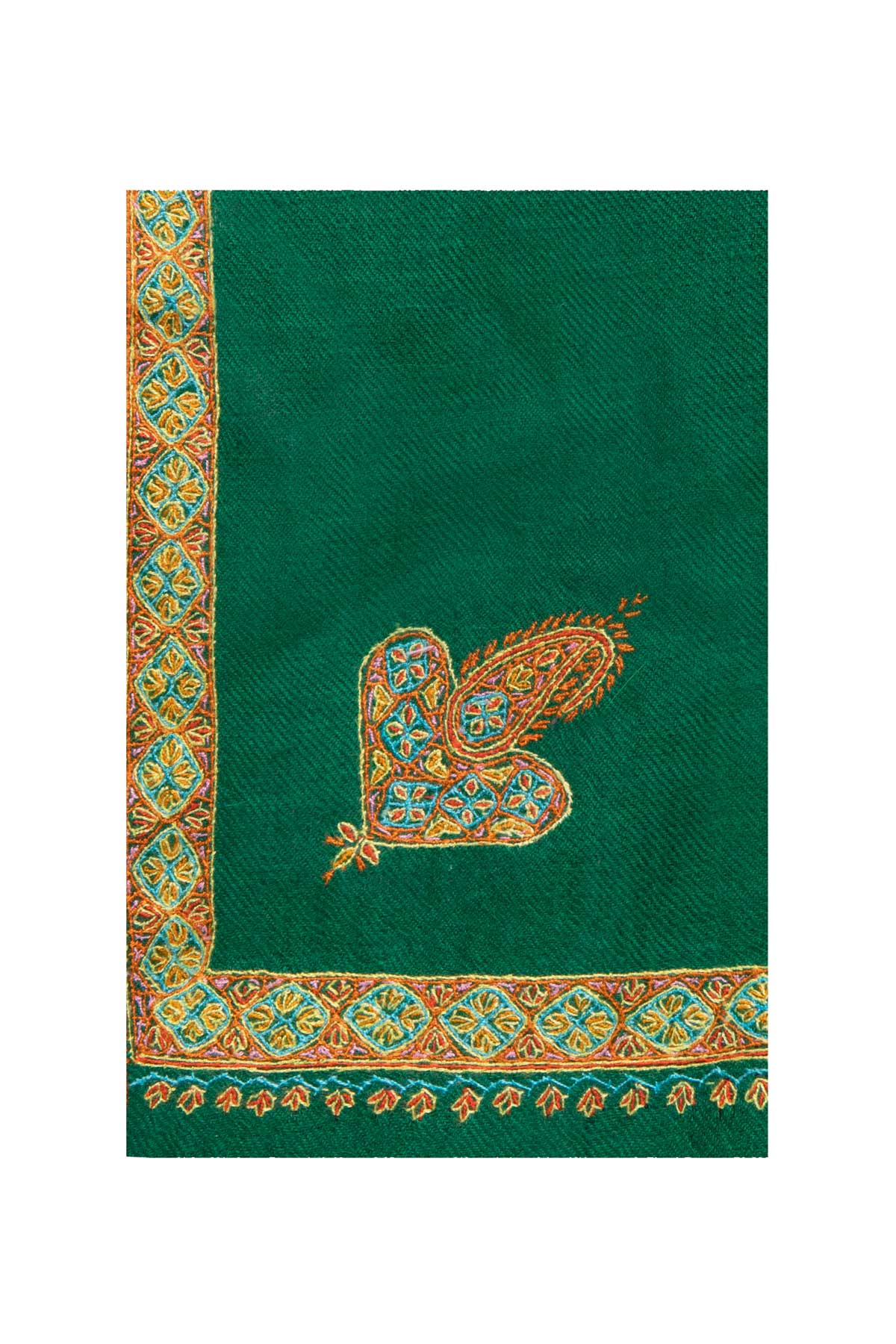 Border Embroidered Cashmere Pashmina Shawl- Emerald Green