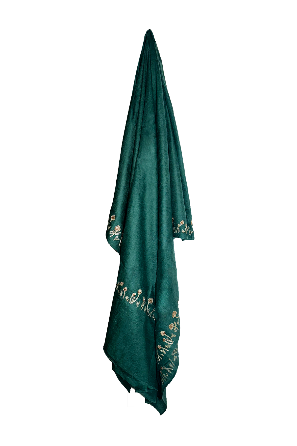 Mini Mushroom Embroidered Pashmina Shawl - Green & Gold