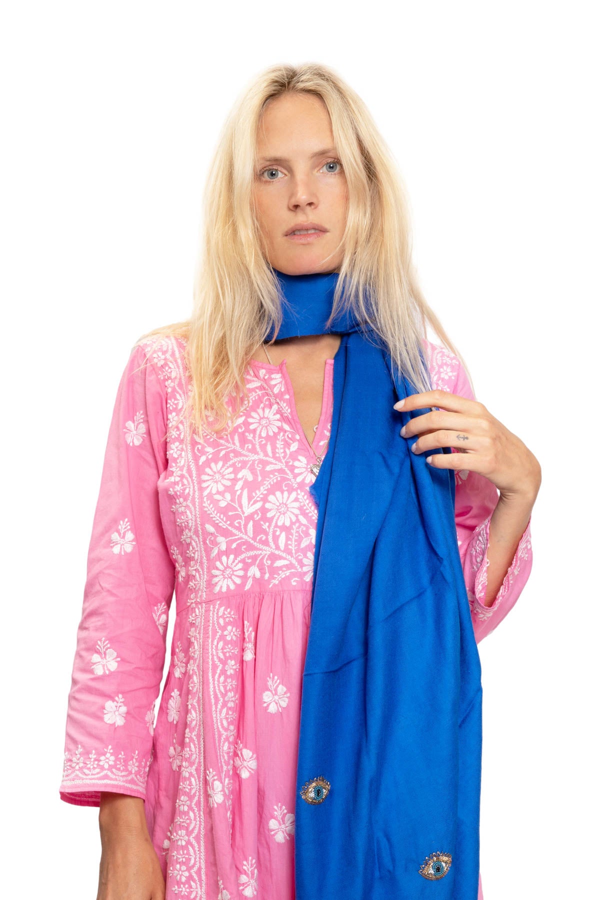 Eye Embroidered Pashmina Shawl - Azure Blue