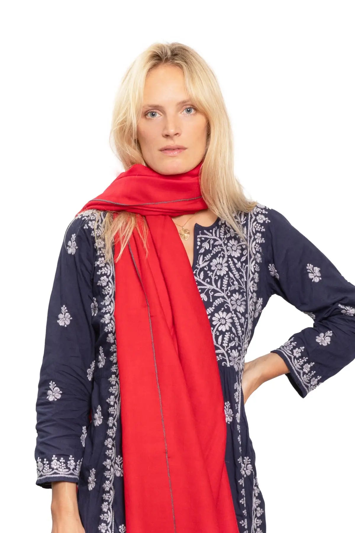 Classic Embroidered Edge Cashmere Pashmina Shawl - Red & Teal Debonnaire