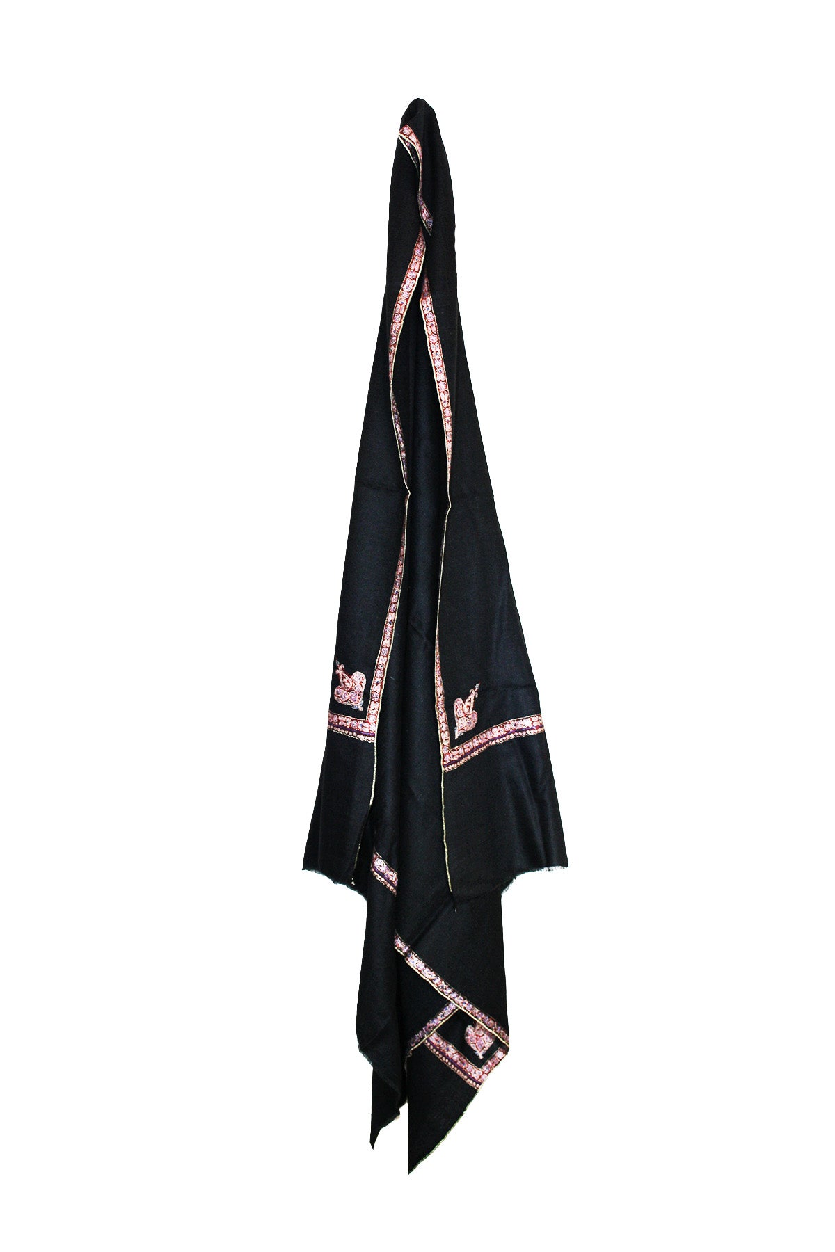 Border Embroidered Cashmere Pashmina Shawl- Black with White Edge