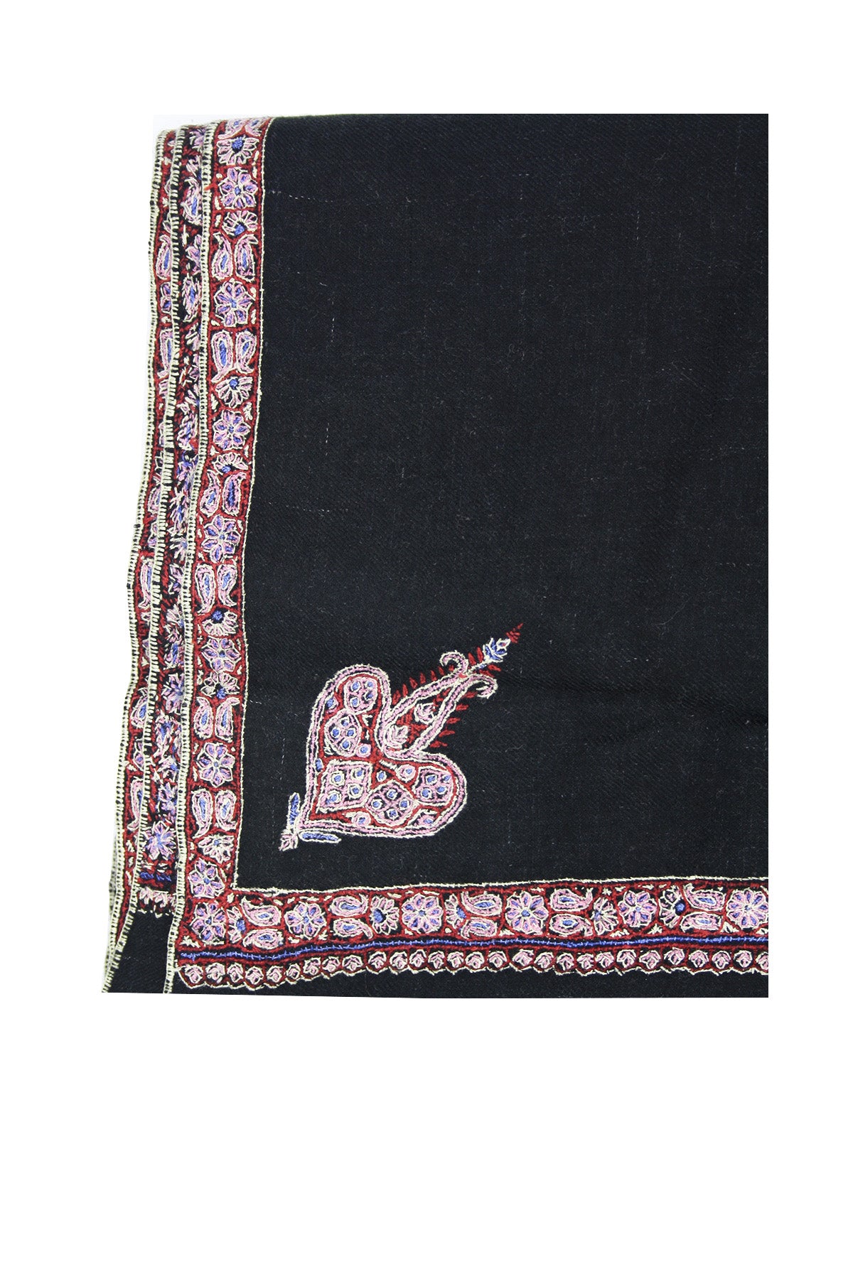 Border Embroidered Cashmere Pashmina Shawl- Black with White Edge