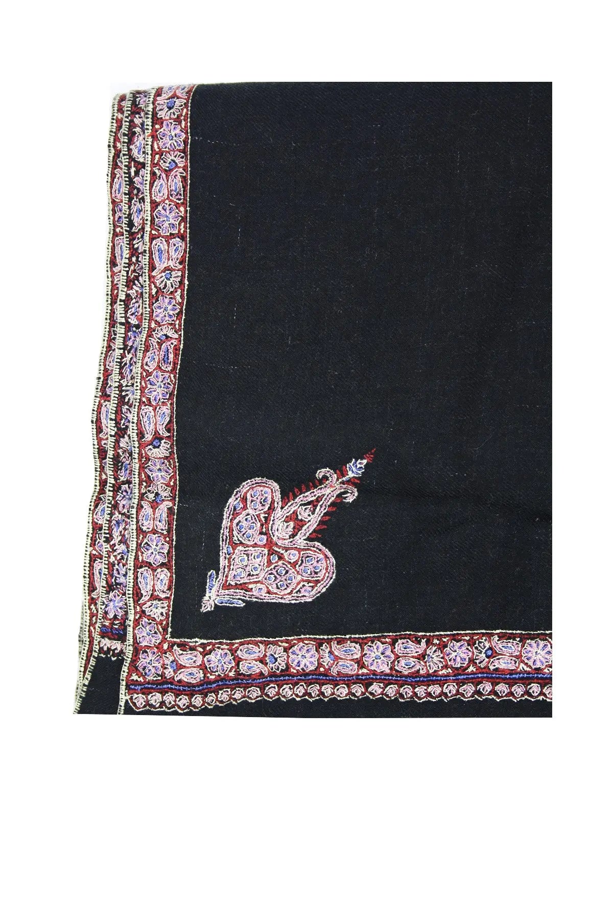 Border Embroidered Cashmere Pashmina Shawl- Black with White Edge Debonnaire