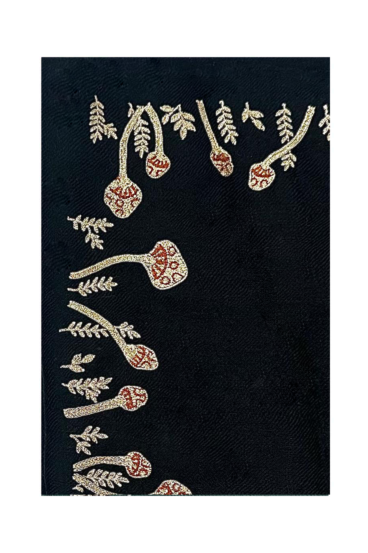 Mini Mushroom Embroidered Pashmina Shawl - Black & Gold