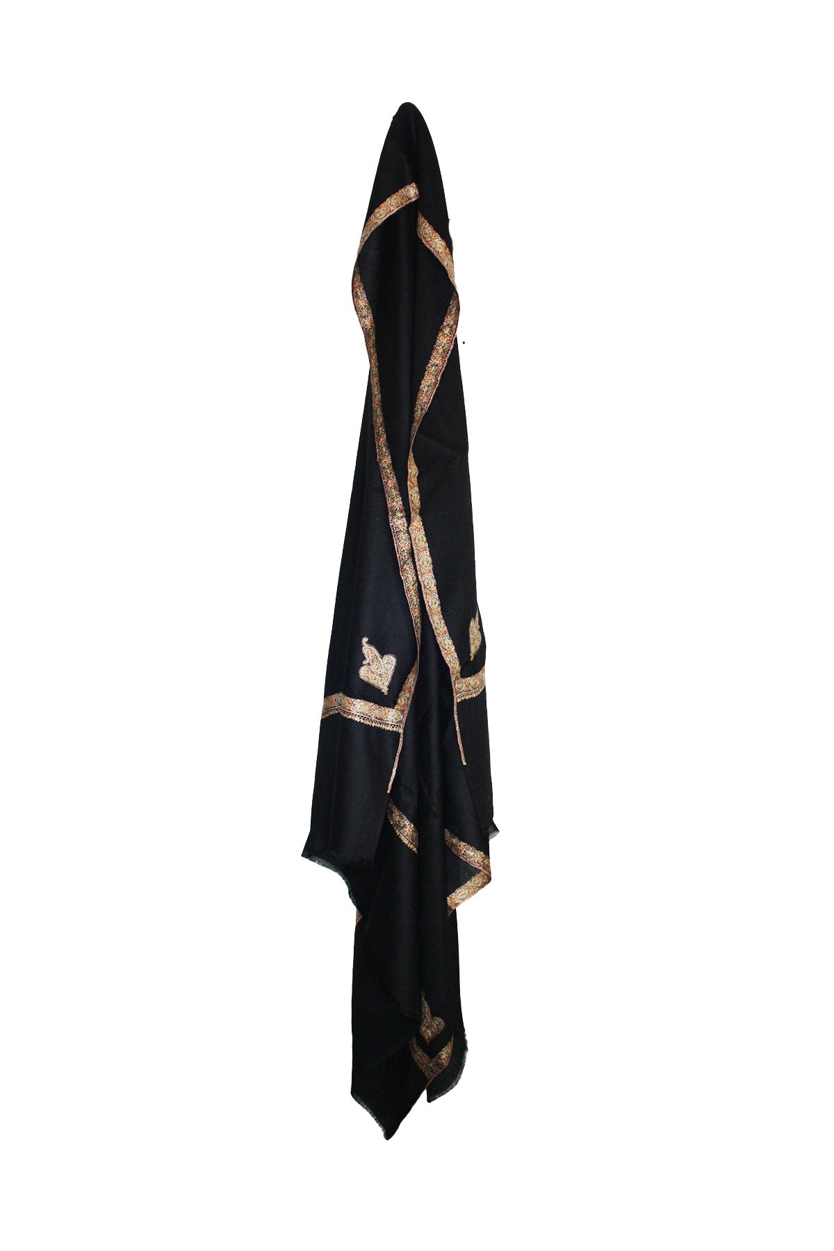 Border Embroidered Cashmere Pashmina Shawl- Black with Warm Pink Edge