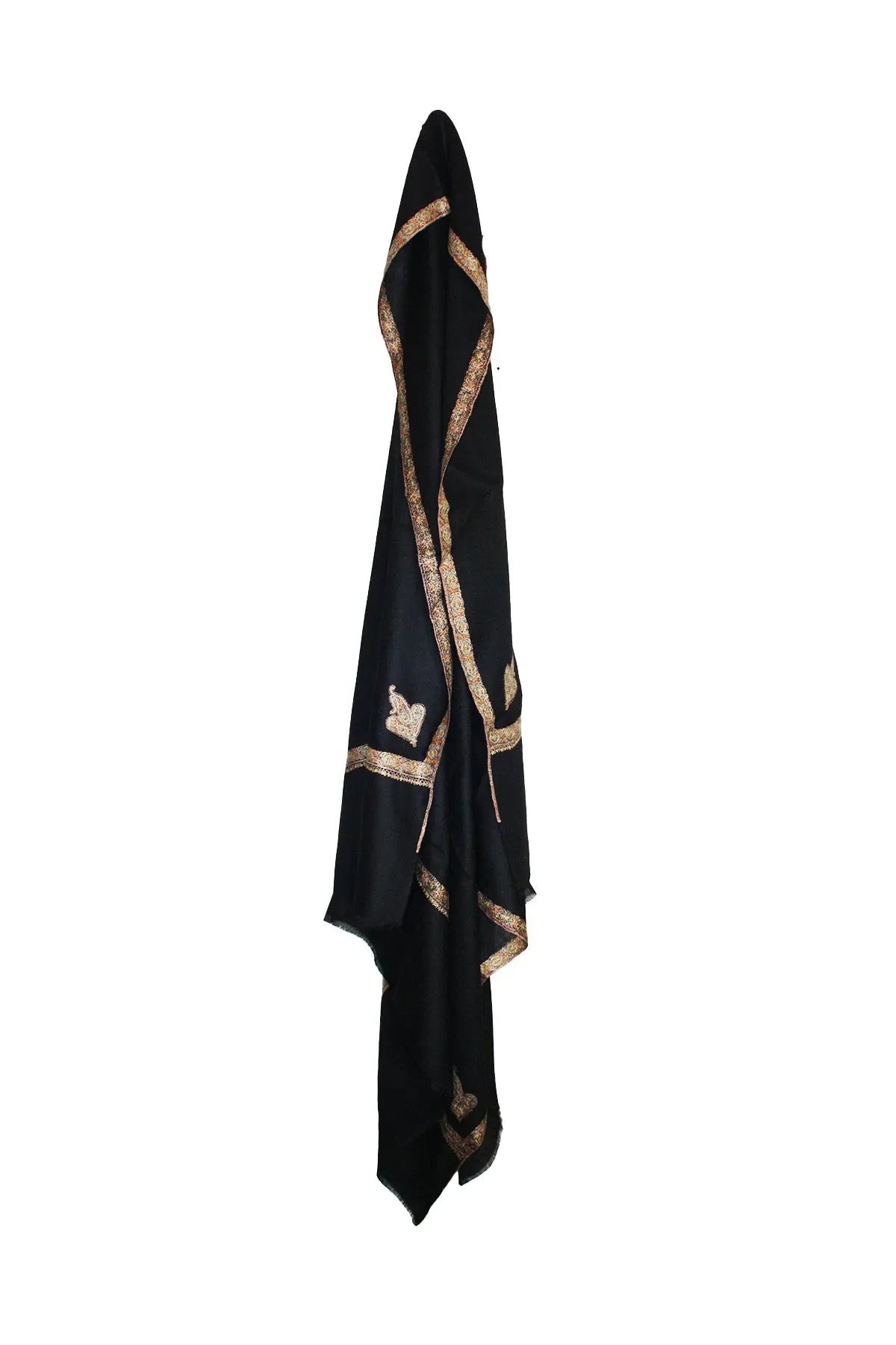 Border Embroidered Cashmere Pashmina Shawl- Black with Warm Pink Edge Debonnaire