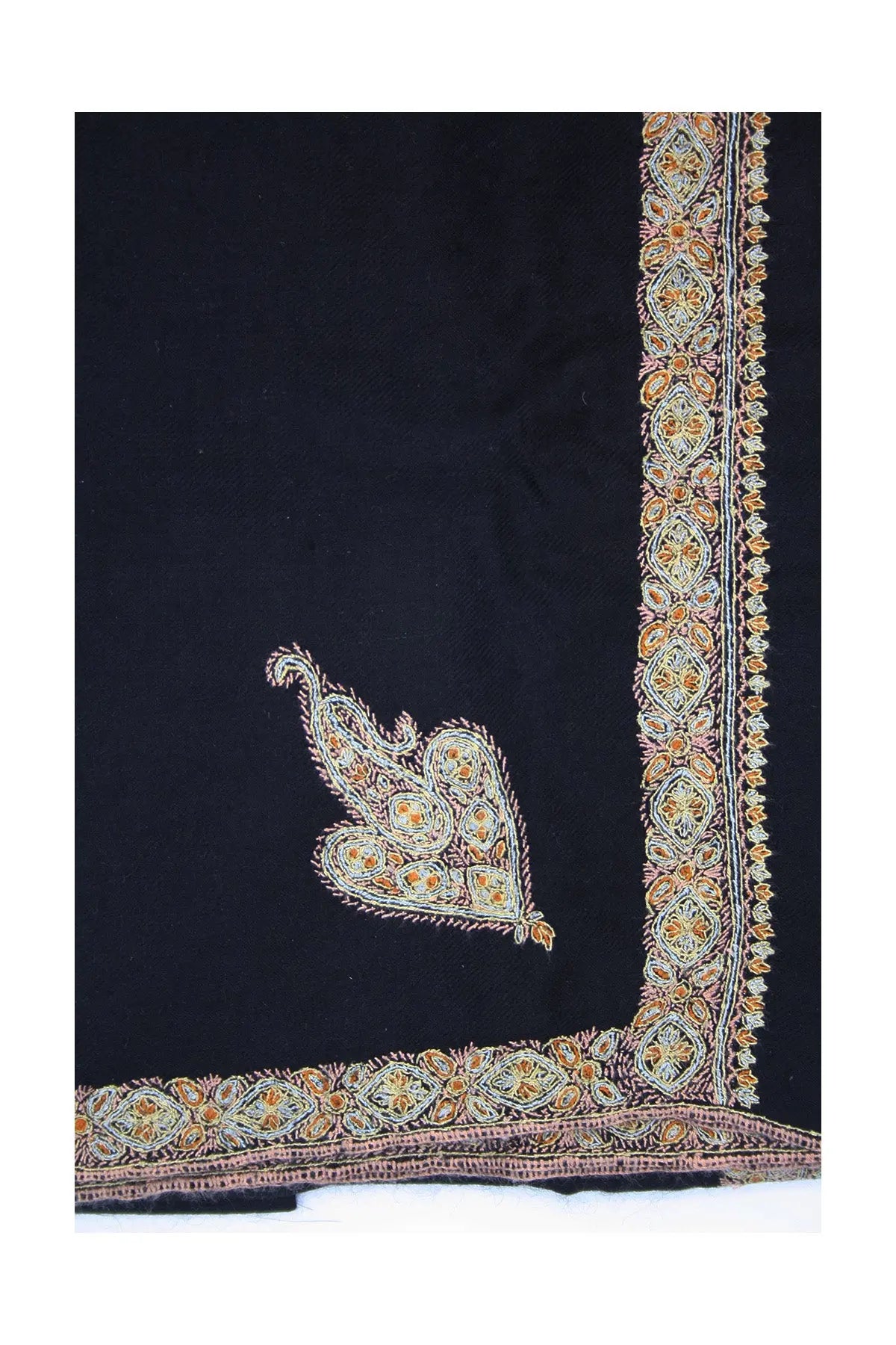 Border Embroidered Cashmere Pashmina Shawl- Black with Warm Pink Edge Debonnaire