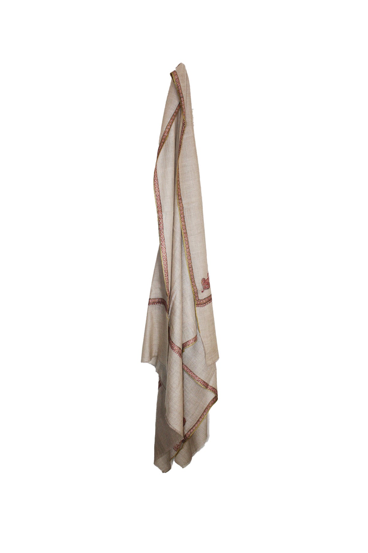 Border Embroidered Cashmere Pashmina Shawl- Natural with Mustard Edge