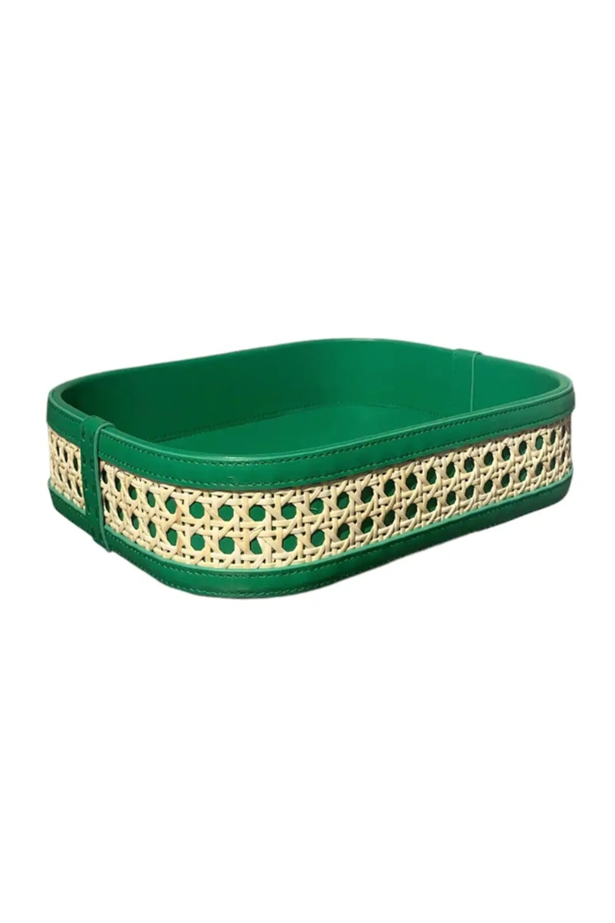 Midi Leather Rattan Tray - Green Mehry Mu