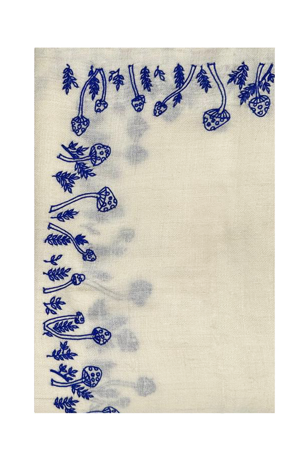 Mini Mushroom Embroidered Pashmina Shawl - White & Blue