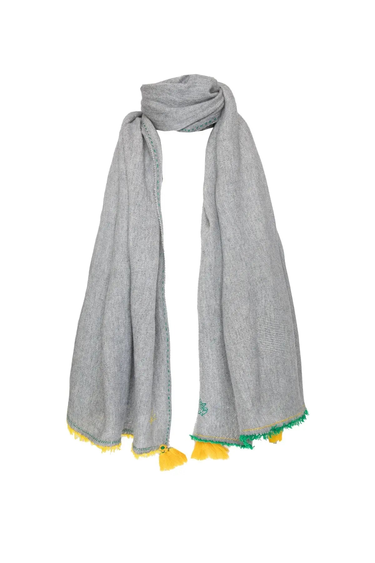 Meditation Shawl - Mid Grey with Yellow Tassels The Holy Goat