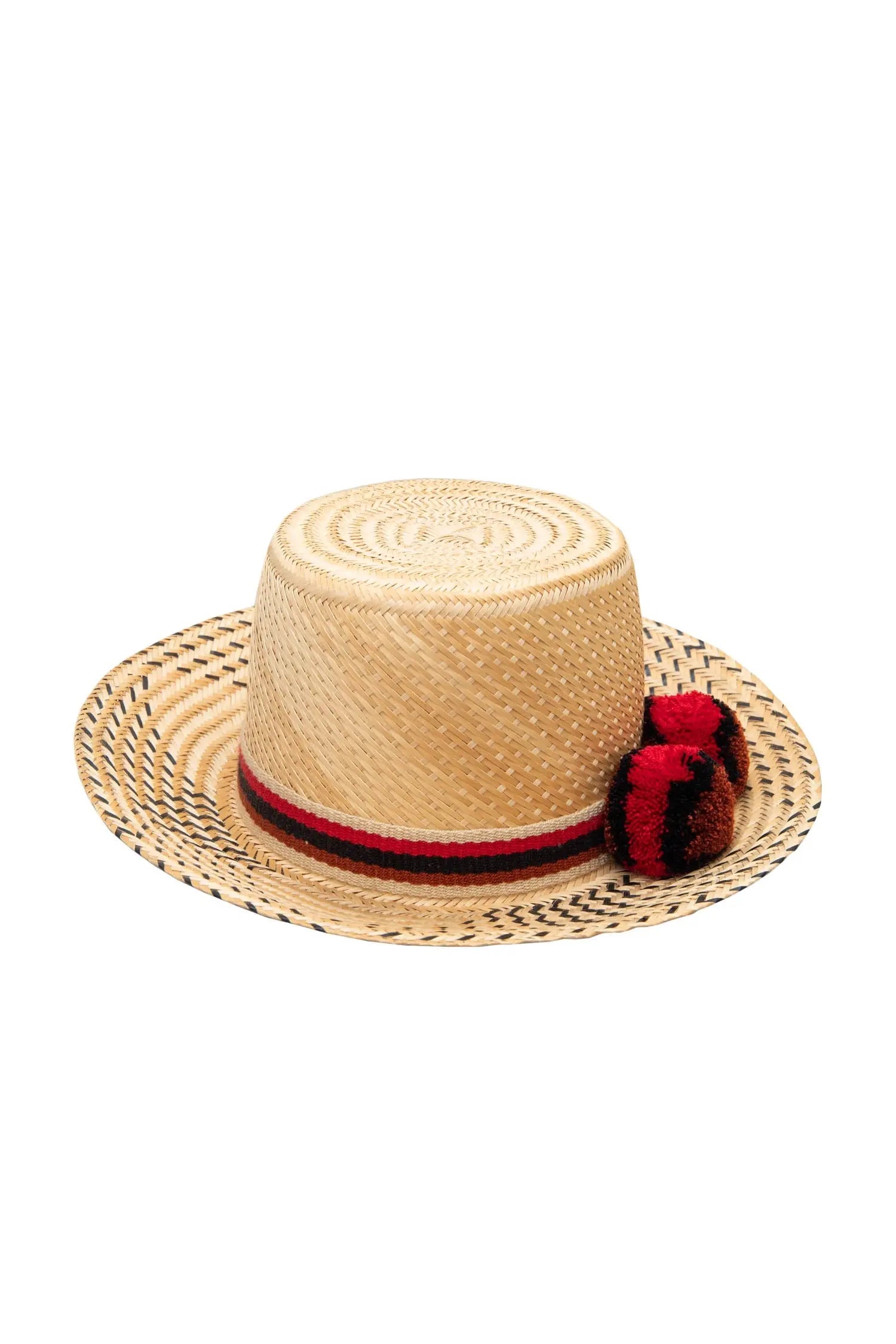 Sirena Straw Hat - Red & Black Pom Poms Yosuzi
