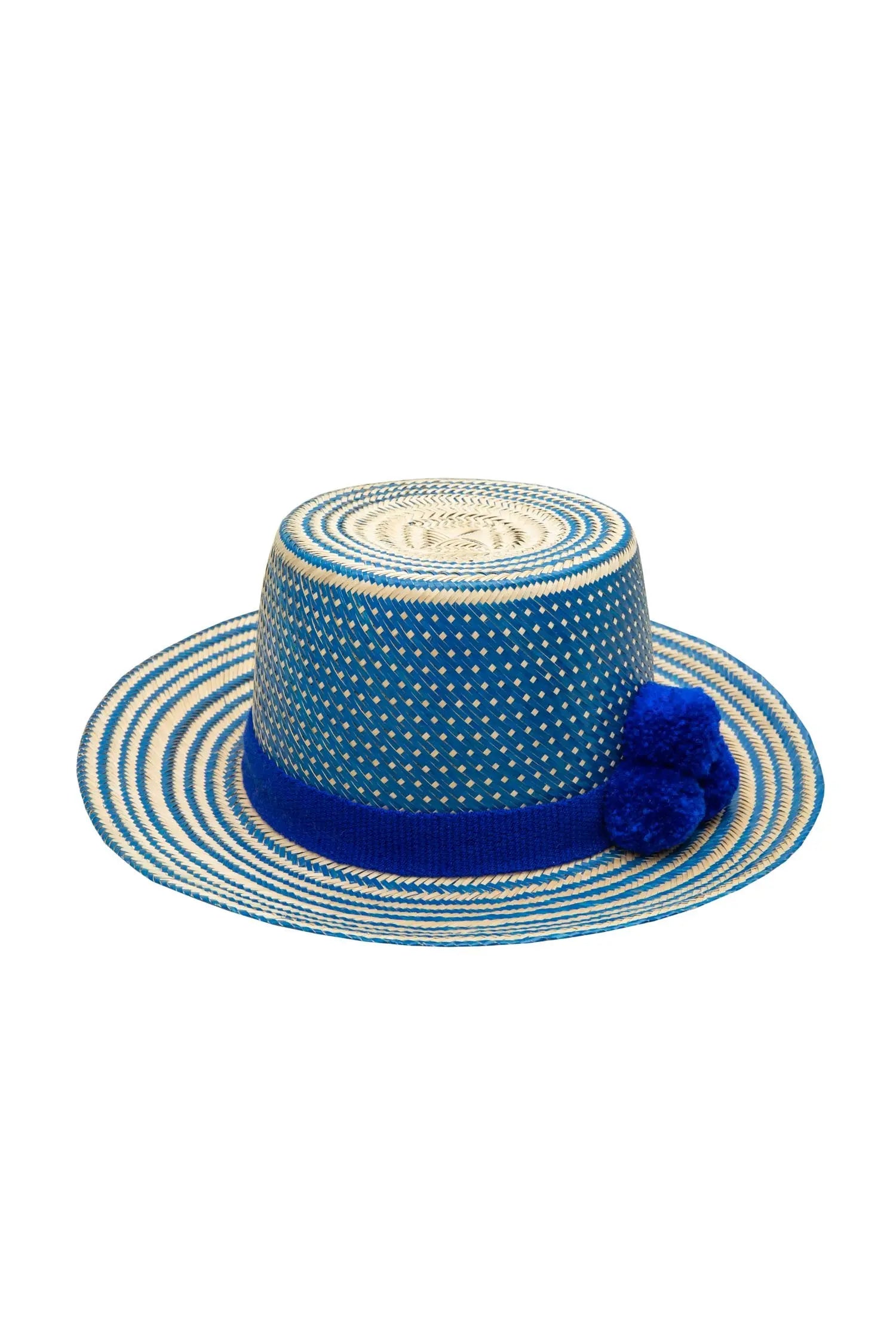 Haile Straw Hat - Blue Pom Poms Yosuzi