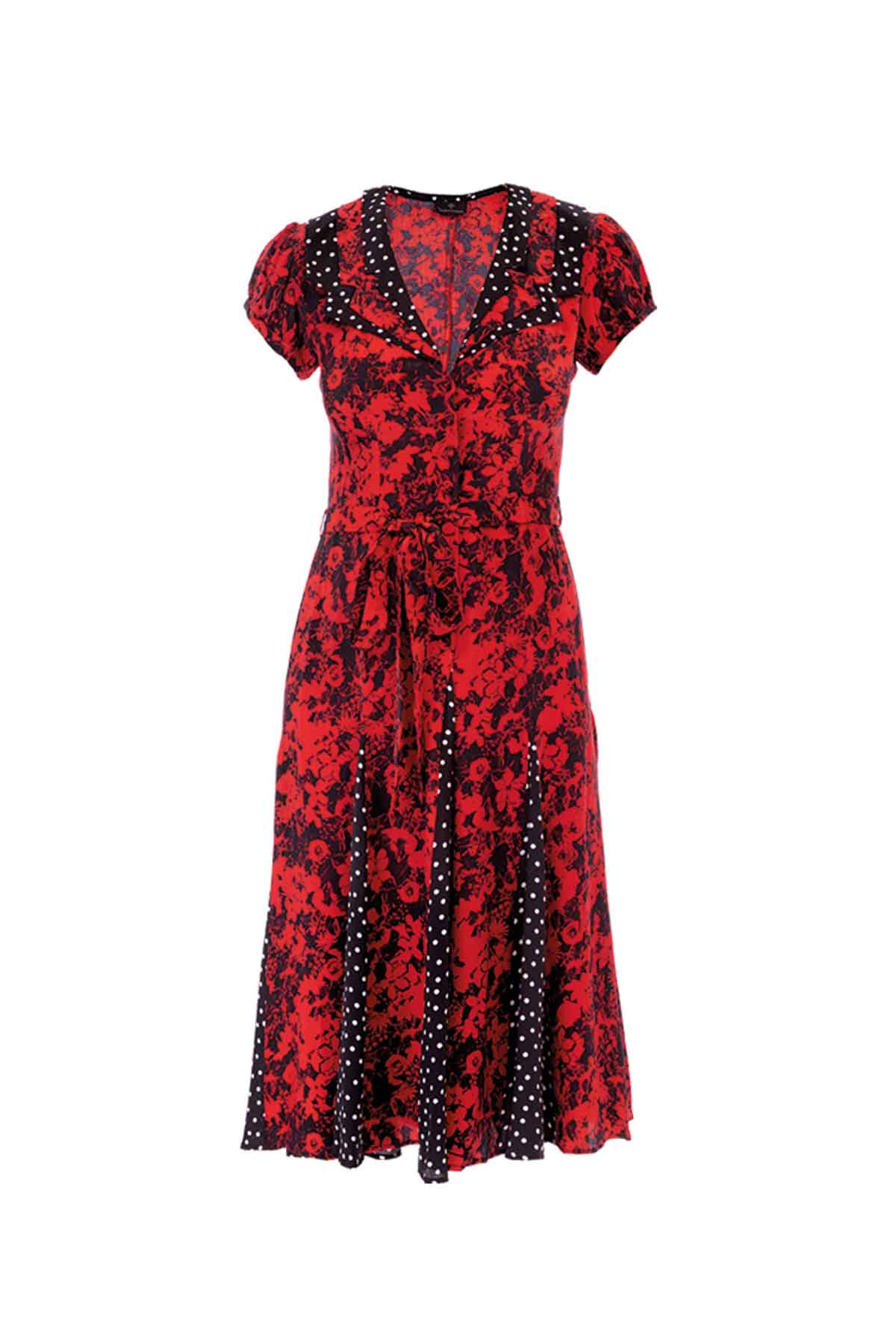 Tri Collar Silk Dress - Red Floral