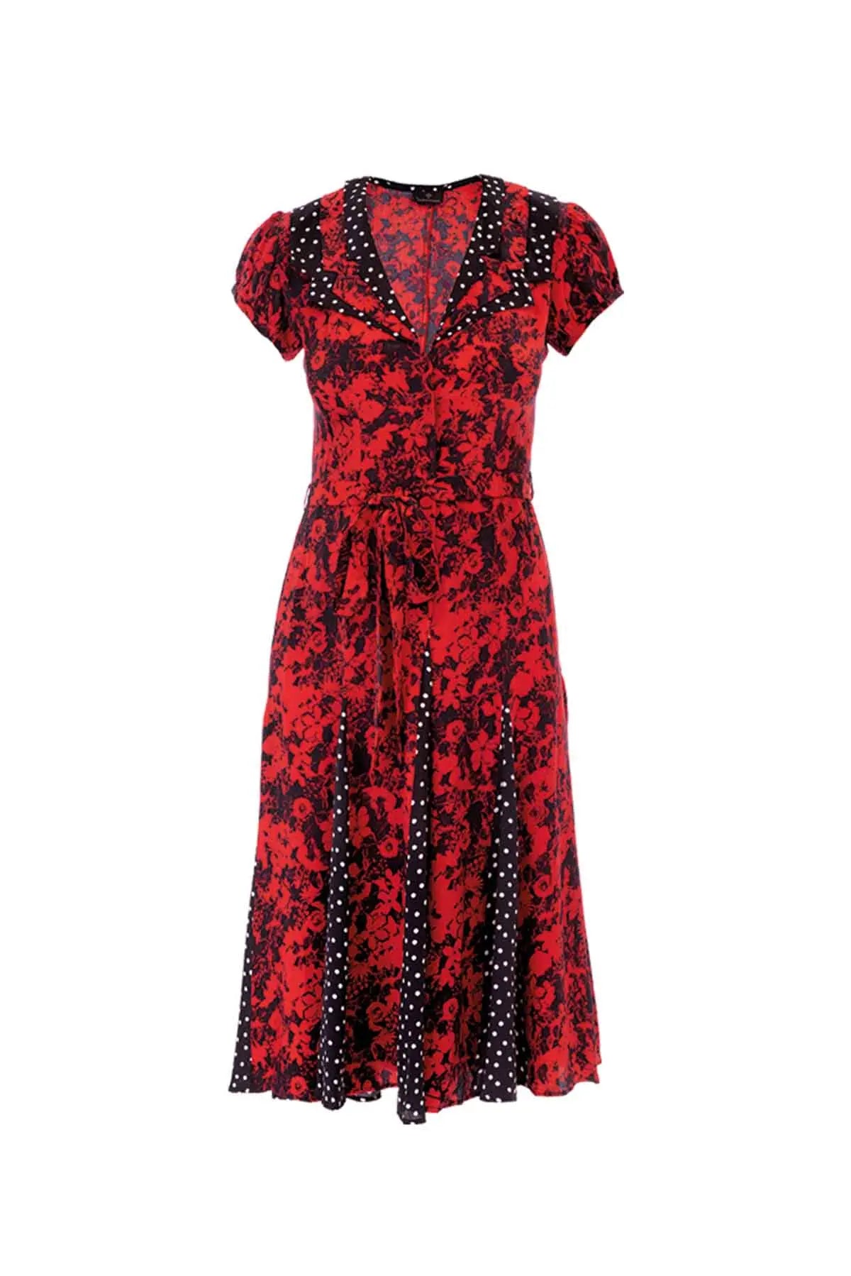 Tri Collar Silk Dress - Red Floral Debonnaire