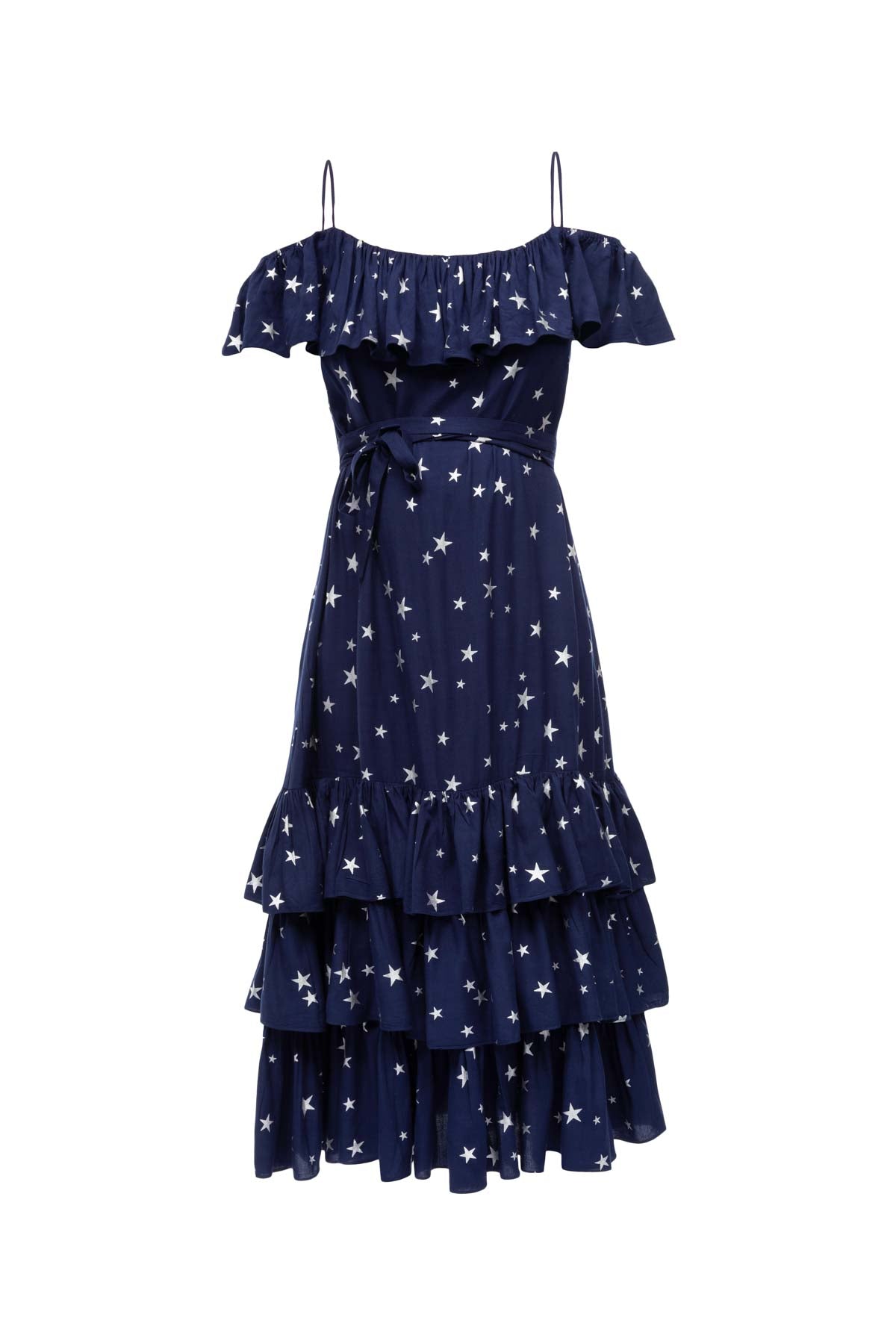 Off Shoulder Ruffle Dress - Navy Star