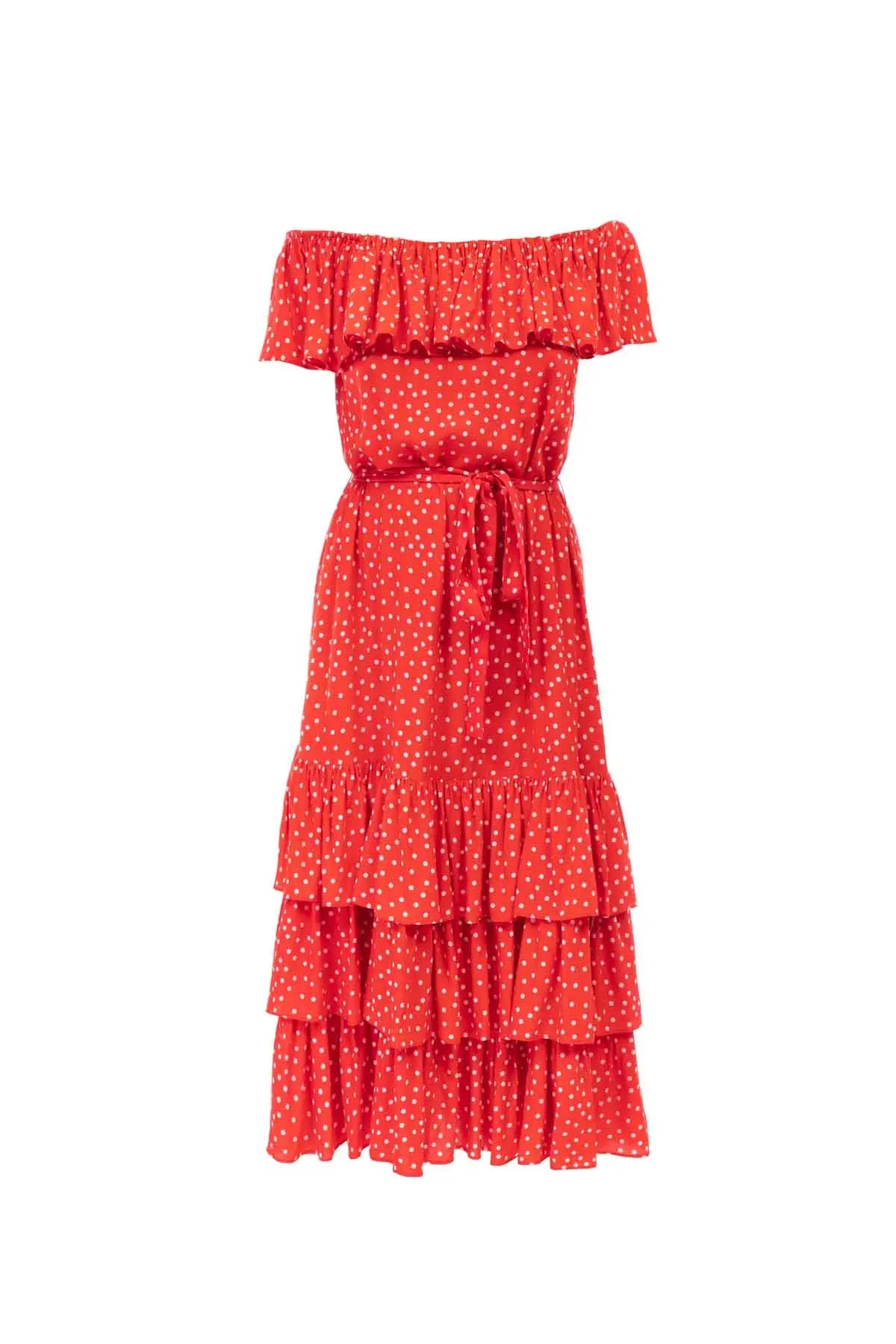 Off Shoulder Ruffle Dress - Polka Dot Debonnaire