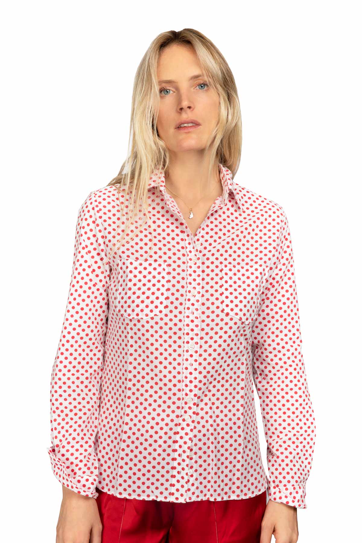Women's Cotton Shirt - Large Red Polka Dot